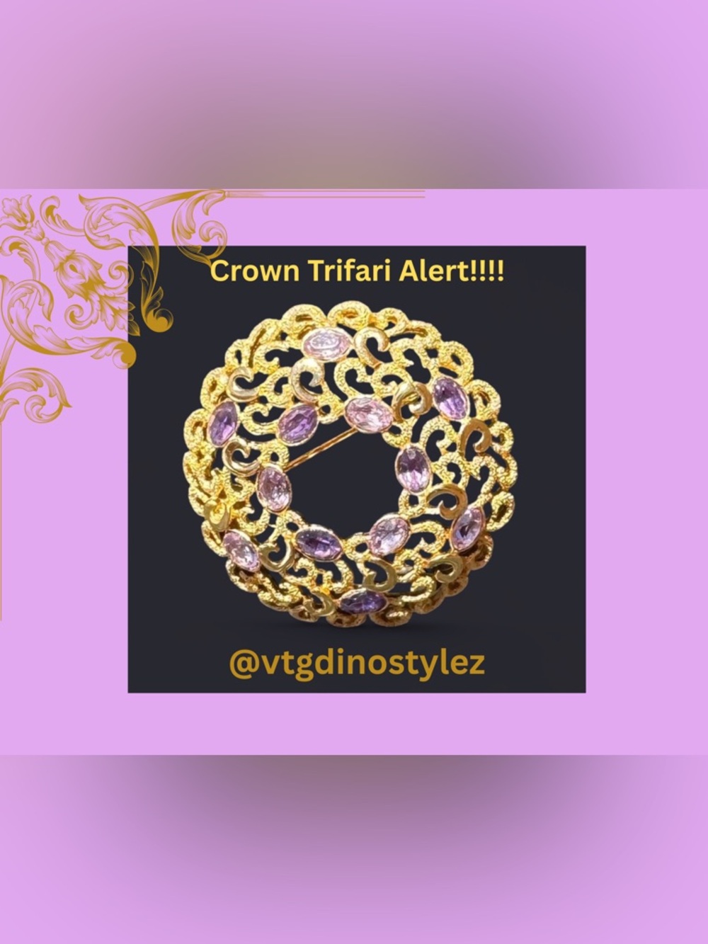 Crown trifari wreath brooch with lavender gemstones